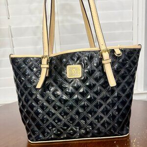 Anne Klein Quilted Patent Leather Tote Bag Black Beige